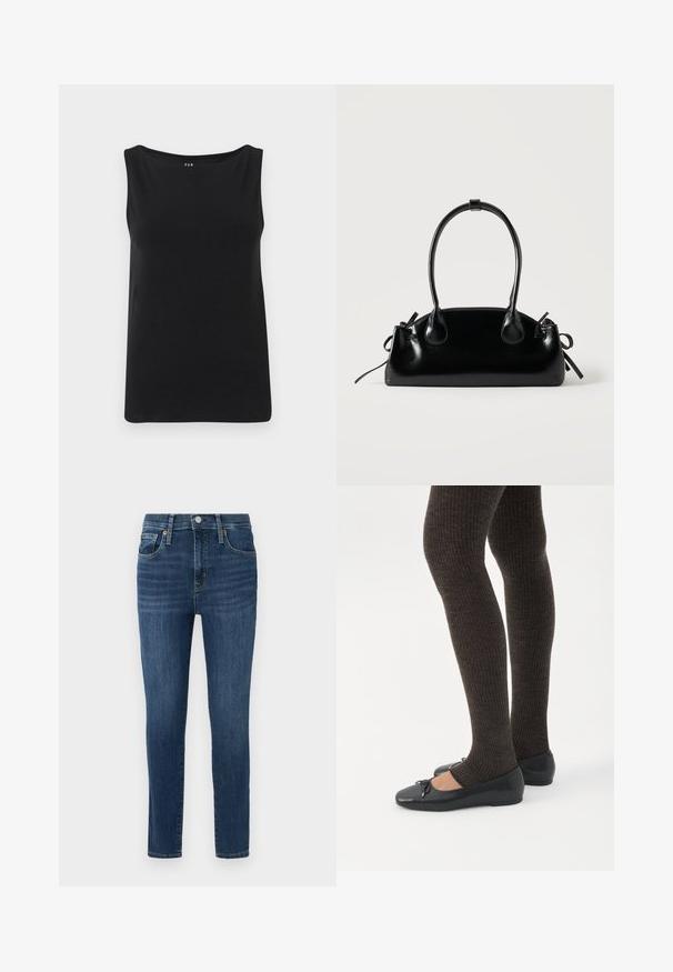 Top sans manches noir en tissu doux. Présente un large col et un ourlet droit. Design simple sans motifs ni embellissements supplémentaires.; Jean en denim bleu foncé avec une coupe slim, design à cinq poches, accents en cuivre sur les boutons et légères décolorations à l'avant. Ourlet propre et taille standard.; Jambes portant des leggings côtelés foncés associés à des ballerines noires avec de petits détails en nœud sur fond blanc.; Petit sac à main noir brillant avec deux longues anses et des détails à cordon sur les côtés sur un fond clair uni.