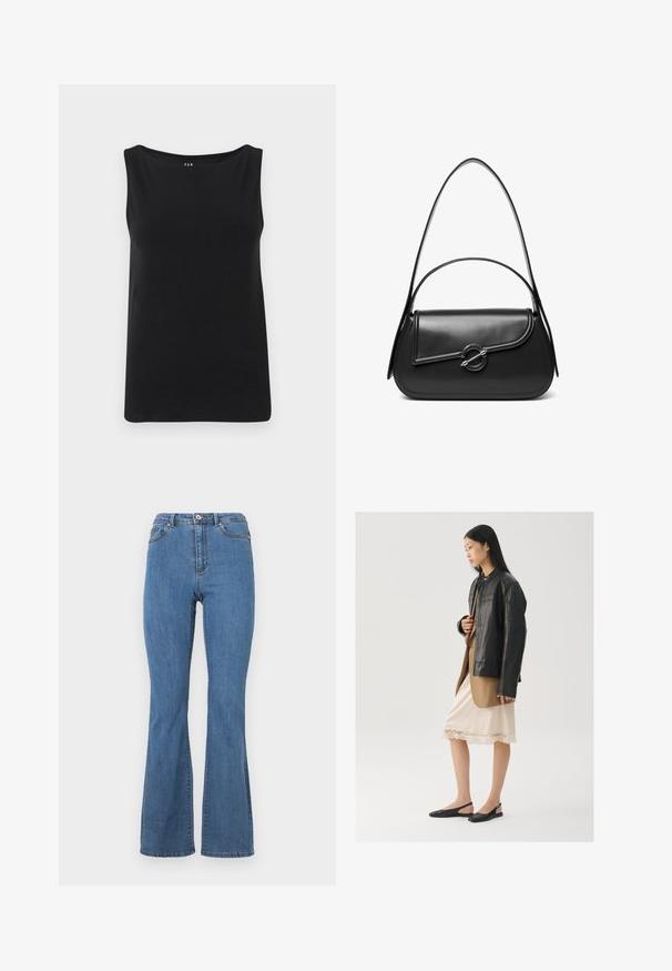 Top negro sin mangas hecho de una tela suave. Presenta un escote amplio y un dobladillo recto. Diseño simple sin patrones ni adornos adicionales.; Vaqueros de campana azules hechos de denim, con una cintura alta, costuras en contraste y un cierre de botón único en la parte frontal.; Chaqueta de cuero negra sobre una blusa marrón, combinada con un vestido camisón color crema claro con ribete de encaje y zapatos slingback negros.; Bolso de hombro de cuero negro con una solapa curva asegurada por un broche metálico redondo y una correa delgada y ajustable.