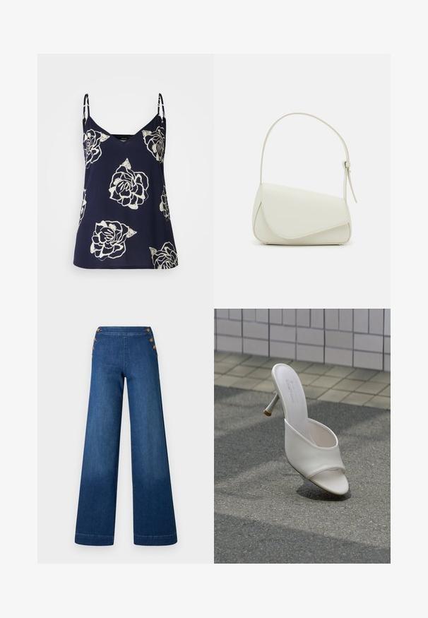 Mørkeblå, ærmeløs bluse med hvidt blomstermotiv, der har en V-udskæring og delikate stropper. Letvægtigt stof med en svævende silhuet.; Denimbukser med vidde i benene i mørkeblå. Har en flad front med fem knapper i gylden tone til lukning. Glat tekstur med en klassisk finish.; Hvid højhælet mule-sko med åben tå, svævende over gråt asfalt- og flisevæg baggrund.; Hvid taske i faux læder med en struktureret trekantet form, enkelt justerbart skulderstrop og en flaplås med kurver.
