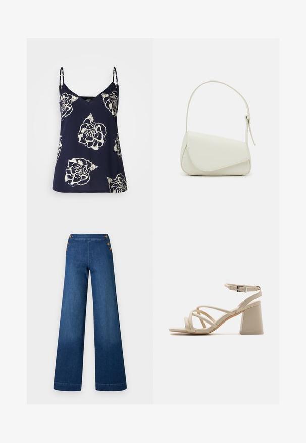 Mørkeblå, ærmeløs bluse med hvidt blomstermotiv, der har en V-udskæring og delikate stropper. Letvægtigt stof med en svævende silhuet.; Denimbukser med vidde i benene i mørkeblå. Har en flad front med fem knapper i gylden tone til lukning. Glat tekstur med en klassisk finish.; Beige hæle sandaler med krydsede stropper, en ankelspænde og en firkantet blokhælhøjder for stabilitet. Glat, læderlignende tekstur.; Hvid taske i faux læder med en struktureret trekantet form, enkelt justerbart skulderstrop og en flaplås med kurver.