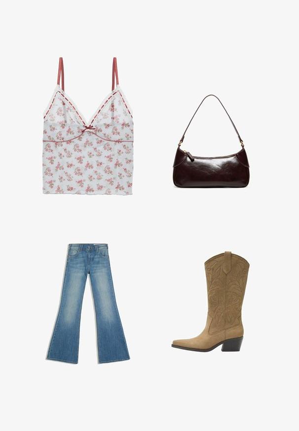 Camisole floral en tissu blanc transparent avec imprimé floral rose et beige, délicate finition en dentelle et bretelles en satin ajustables.; Jean en denim bleu avec une jambe évasée, des poches avant et une fermeture à boutons, présenté sur fond blanc.; Botte de cow-boy en daim tan avec broderie florale, bout pointu, languette de tirage et talon empilé de hauteur moyenne.; Sac à bandoulière en cuir marron foncé avec une seule sangle et une fermeture éclair, forme rectangulaire avec des bords arrondis sur fond blanc.