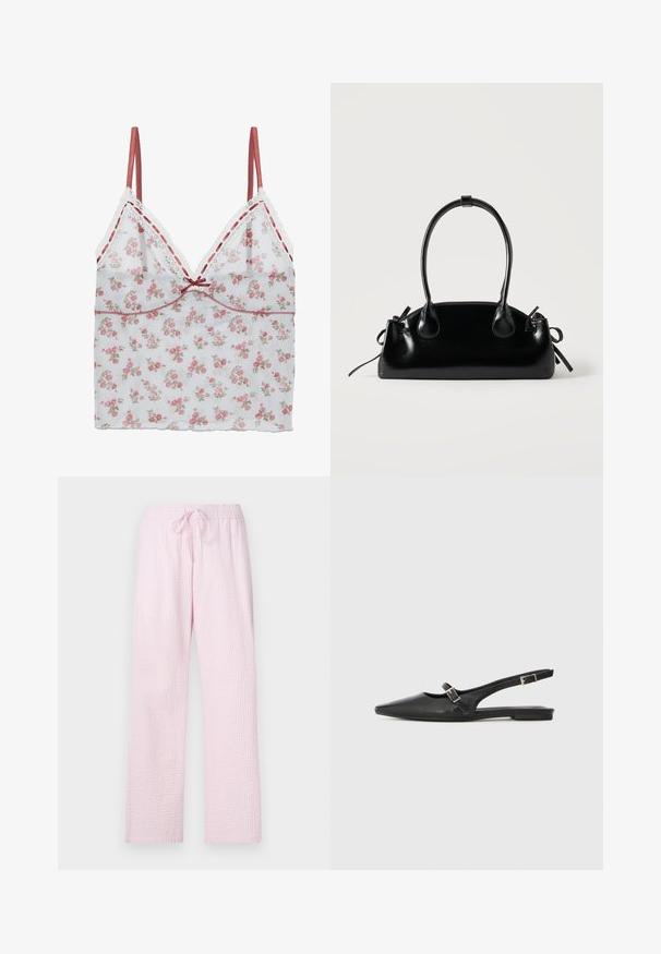 Blomstrende camisole med en gennemsigtig hvid stof og pink og beige blomsterprint, delikat blondekant og justerbare satin-stropper.; Lyserøde pyjamasbukser i et struktureret stof med en løs pasform, der har en elastisk talje og snøre til justering.; Sorte læder slingback-sko med spids tå, med en smal rem og en sølvspænde-detalje på siden. Flad sål.; Lille sort blank håndtaske med to lange håndtag og snøre-detaljer i siden på en ensfarvet lys baggrund.