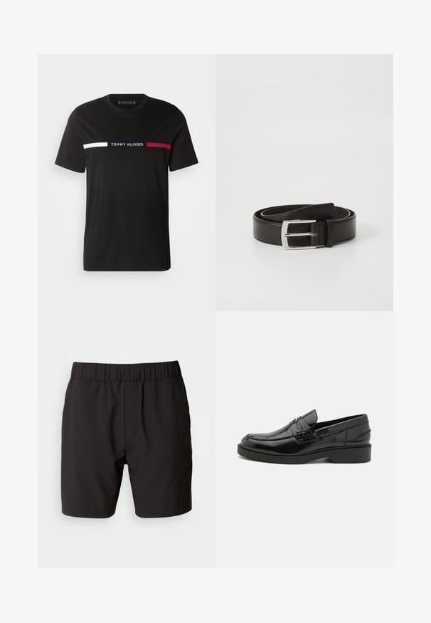 Sort T-shirt med korte ærmer og rund halsudskæring med en vandret hvid, navy og rød stribe over brystet, med "Tommy Hilfiger" logo i midten.; Sorte shorts lavet af strækbart stof, med en elastisk talje, sidelommer og et simpelt, rent design. Ingen mønstre eller detaljer.; Sorte læder loafers med en glat finish, rund tå, lav hæl og dekorativ syning langs forsiden. Gummisål for godt greb.; Sort læderbælte med en glat overflade, der har en rektangulær sølvmetal spænde og et klassisk design.