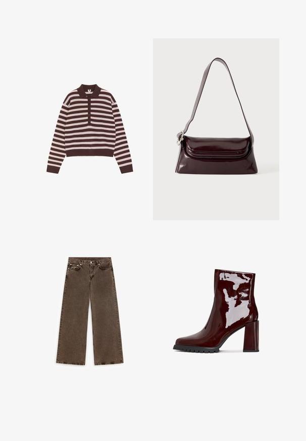 Bruine polotrui met lange mouwen, horizontale roze en lichtblauwe strepen, vijf knopen aan de voorkant en geribde boorden bij de mouwen en zoom.; Bruine jeans met wijde pijpen, voorzakken, lussen voor een riem en een knoop- en ritssluiting, afgebeeld op een witte achtergrond.; Glanzende bordeaux enkelboot met een vierkante neus, chunky doorzichtige hak en gestructureerde zwarte zool. Vloeiend oppervlak met een hoge glansafwerking.; Donker bordeauxkleurige leren schoudertas met klep en een smalle verstelbare riem, weergegeven op een effen lichte achtergrond.