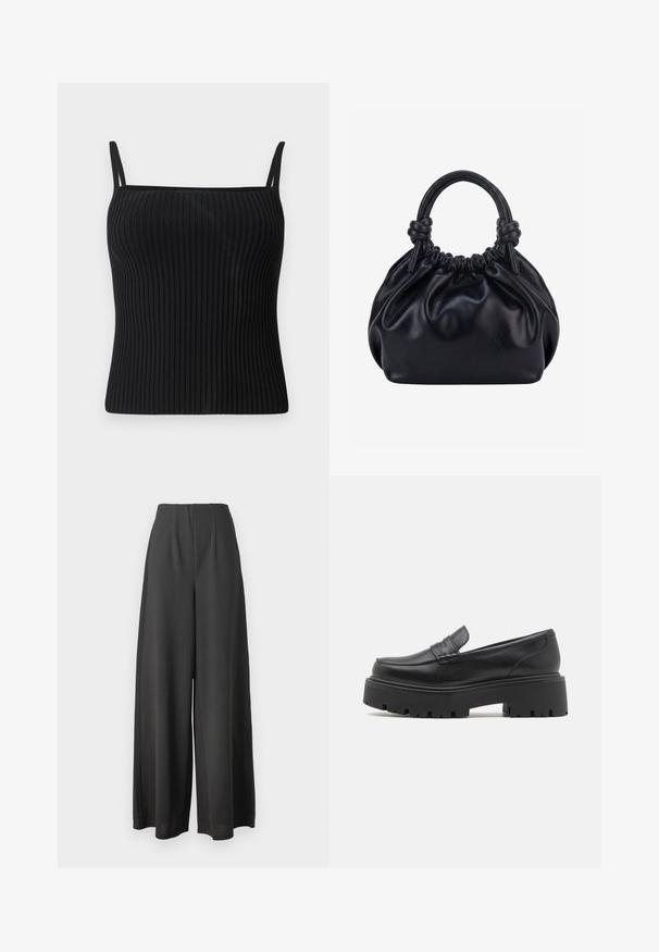 Sorte ribbede tanktop med justerbare spaghetti-stropper, der har en tætsiddende silhuet og en glat overflade.; Sorte vide bukser lavet af et glat stof, med høj talje og plisseret design for ekstra struktur og dybde.; Sorte læder loafers med en lav, grov gummi sål, syede detaljer på overdelen og en glat overflade.; Sort blød læderhåndtaske med samlet top og to tykke håndtag bundet i knuder mod en ensfarvet lys baggrund.