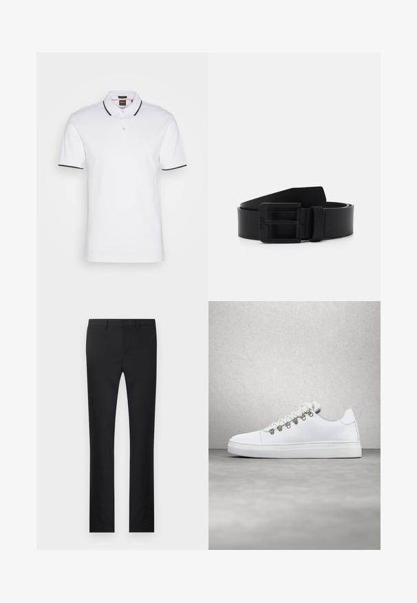 Polo blanco de algodón, con cuello, tapeta de tres botones y ribete negro en las mangas y el cuello; parche de logo en el pecho.; Pantalones negros con diseño de pierna recta, confeccionados en una tela suave. Presenta bolsillos frontales, cierre de botón y trabillas para cinturón.; Zapatillas de piel blanca con una textura suave, que presentan ojales de metal dorado, cordones planos blancos y una suela blanca gruesa. Diseño minimalista.; Cinturón de cuero negro con un acabado mate, que presenta una hebilla metálica rectangular y una textura suave. Diseño simple sin patrones ni acentos.