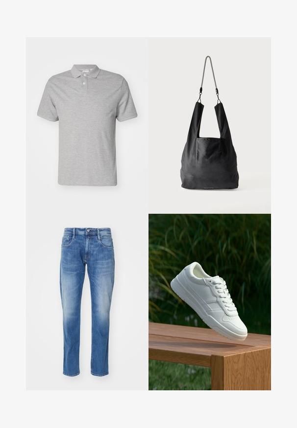 Graues Polohemd aus Baumwollmischung mit klassischem Kragen, Drei-Knopf-Leiste, kurzen Ärmeln und dezentem gesticktem Logo.; Hellblaue Jeans aus Denim mit geradem Bein, fünf Taschen, dezentem Verblassen und einem normalen Bund mit Knopfverschluss.; Weiße Ledersneaker mit glatter Oberfläche, ausgestattet mit einem perforierten Design, klassischer Schnürung und Gummisohle, positioniert auf einer Holzoberfläche.; Schwarze weiche Stofftragetasche mit breiten Griffen und einem dünnen schwarz-weißen geflochtenen Schulterriemen.