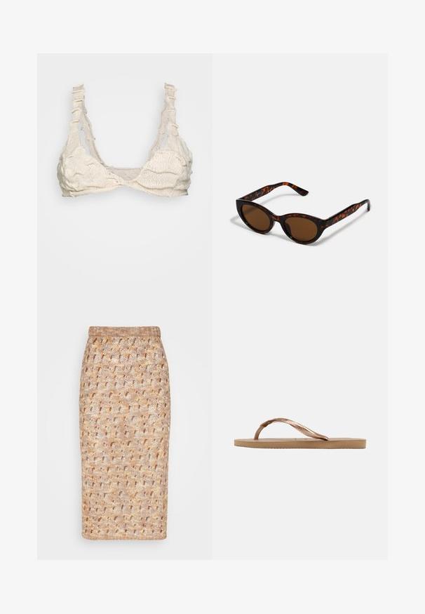 BLOKE FULL FASHIONED - Μπλούζα - off white; The Ragged Priest RUINS SKIRT - Pencil φούστα - multi; Μονό μπεζ σαγιονάρι με υφή στην σόλα και μεταλλικό ροζ χρυσό λουράκι σε σχήμα Υ, σε πλάγια όψη σε απλό φόντο.; Καφέ γυαλιά ηλίου σε σχήμα vintage cat-eye με καφέ φακούς. Διαθέτουν καμπύλες κροταφίδες με κόκκινες λεπτομέρειες.