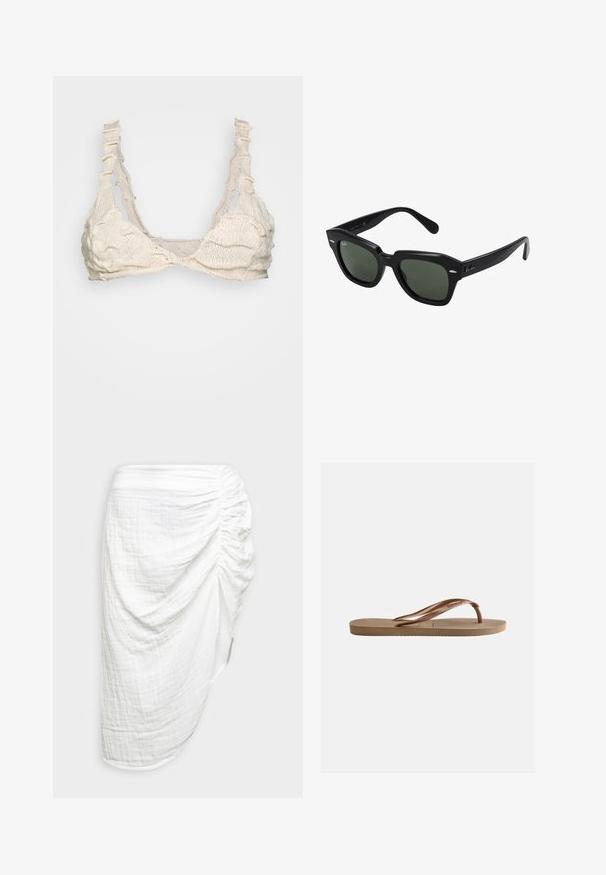 BLOKE FULL FASHIONED - Μπλούζα - off white; Pieces PCSTINA HIGH SLIT SKIRT - Pencil φούστα - cloud dancer; Καφέ λαστιχένια σαγιονάρα με υφή στη σόλα και ιμάντες με το σχήμα του γράμματος V σε απλό ανοιχτό φόντο.; Μαύρα τετράγωνα γυαλιά ηλίου με σκούρους πράσινους φακούς, με τολμηρούς σκελετούς και ασημένιες λεπτομέρειες στις άκρες. Κατασκευασμένα στην Ιταλία.