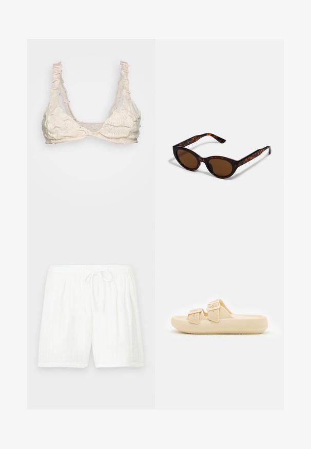 BLOKE FULL FASHIONED - Top - off white; Hvide bomuldsshorts med elastisk talje og snøre. Har et tekstureret mønster med lodrette striber og sidelommer.; Beige slip-on sandal med tekstureret overdel, justerbare spænder og en tyk, polstret sål. Letvægtsdesign velegnet til afslappet brug.; Brune skildpadde solbriller med en vintage katteøje-form og brune linser. Har buede arme med røde detaljer.