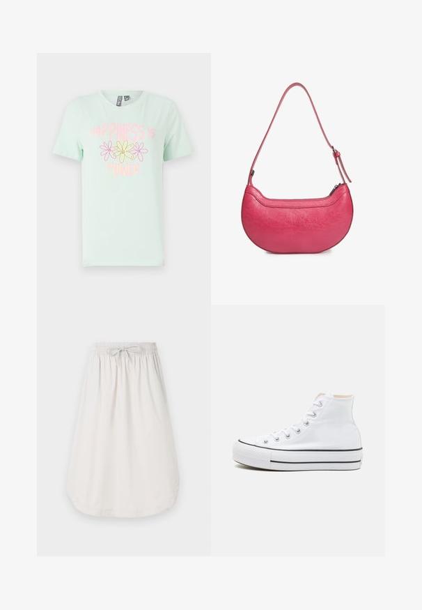T-shirt en coton vert menthe à manches courtes, ornée d'un design graphique de fleurs jaunes et roses et du texte "Le bonheur est une force."; New Balance Jupe trapèze - grey matter; Baskets montantes blanches en toile, semelle en caoutchouc noir et bande noire contrastante sur la semelle intermédiaire. Bout rond et design à lacets.; Sac à main en cuir rose avec une forme incurvée, une seule bandoulière réglable et une fermeture éclair sur le dessus. Fini texturé avec des plis visibles.