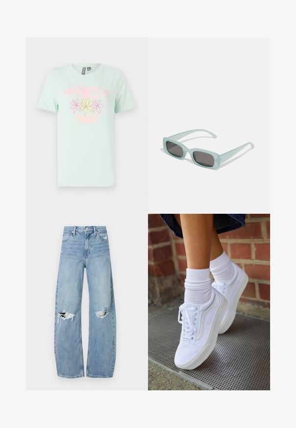 T-shirt en coton vert menthe à manches courtes, ornée d'un design graphique de fleurs jaunes et roses et du texte "Le bonheur est une force."; Jeans en denim bleu clair à taille haute. Présentent des jambes larges, deux zones déchirées aux genoux et un style classique à cinq poches.; Baskets en toile blanches avec semelles en caoutchouc, dotées de six œillets, d'un bout rond et de détails de couture légers, portées avec des chaussettes blanches mi-mollet.; Une paire de lunettes de soleil rectangulaires avec des montures translucides bleu clair et des verres gris foncé, présentant des branches droites et des détails matériels minimaux.
