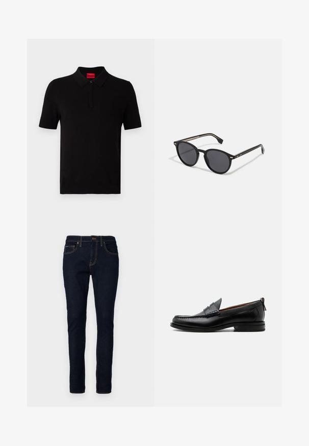 Schwarzes Polohemd aus glattem Baumwollstoff. Verfügt über einen klassischen Kragen, kurze Ärmel und ein rotes Etikett am Halsausschnitt. Keine Muster oder Akzente.; Dunkelblaue Jeans aus Denim im Slim-Fit, mit gestickten Details, fünf Taschen und einem Knopfverschluss an der Taille.; Schwarzer Leder-Herrenschuh mit Mokassinnaht, Penny-Riemen, strukturiertem Kragen und niedrigem gestapeltem Absatz auf weißem Hintergrund.; BOSS Sonnenbrille - black