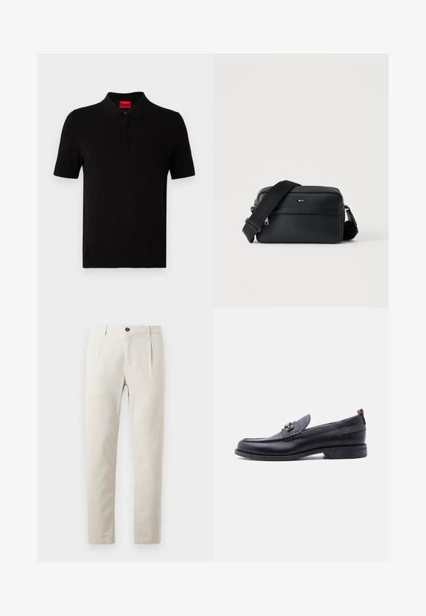 Schwarzes Polohemd aus glattem Baumwollstoff. Verfügt über einen klassischen Kragen, kurze Ärmel und ein rotes Etikett am Halsausschnitt. Keine Muster oder Akzente.; Beige Baumwollhosen mit geradem Bein, ausgestattet mit einem einzelnen schwarzen Knopfverschluss und zwei Vorderaschen. Glatte Textur.; Schwarzer Lederloafer mit grauem, strukturiertem Vorderblatt, silberner Metallschnalle, niedrigem Absatz und Zuglasche hinten.; Schwarze, strukturierte Leder-Crossbody-Tasche mit vorderer Reißverschlusstasche und verstellbarem breitem Stoff-Schulterriemen auf weißem Hintergrund.