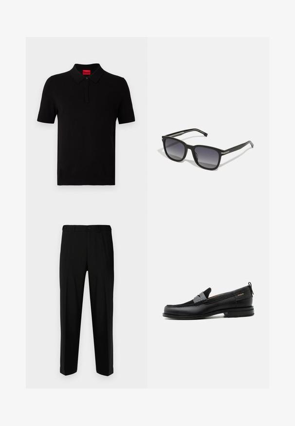 Schwarzes Polohemd aus glattem Baumwollstoff. Verfügt über einen klassischen Kragen, kurze Ärmel und ein rotes Etikett am Halsausschnitt. Keine Muster oder Akzente.; Schwarze Hosen aus glattem Stoff, mit geradem Schnitt, zwei vorderen Taschen und einem Reißverschluss mit Knopfverschluss.; Schwarzer Lederloafer mit grauem Riemendetail, niedrigem Absatz und strukturierter Sohle, seitlich mit „HUGO“ in Gold gebrandmarkt.; BOSS Sonnenbrille - black