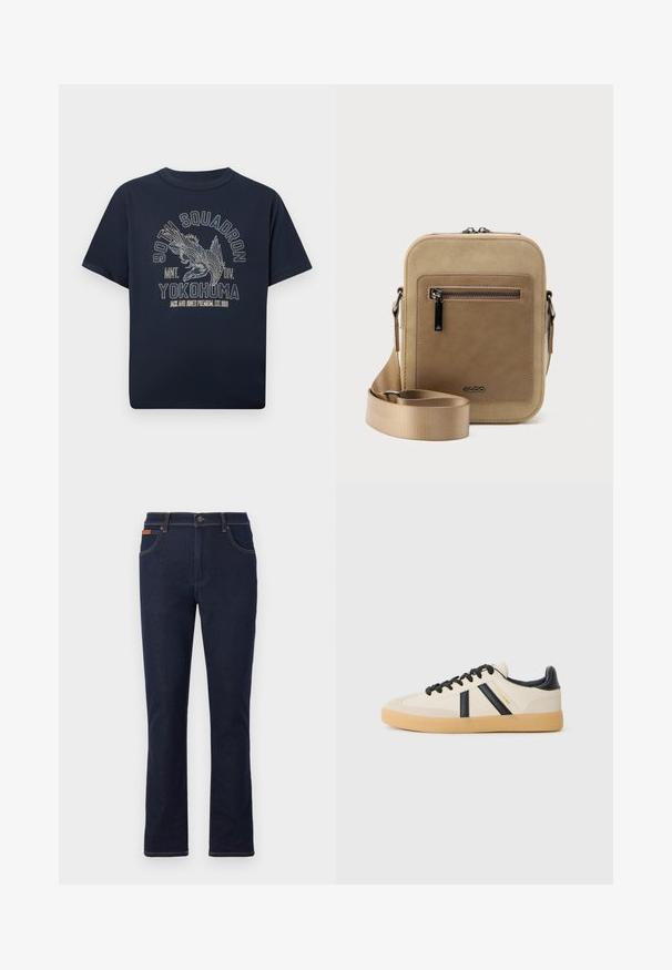 Marineblaues Baumwoll-T-Shirt mit kurzen Ärmeln und rundem Ausschnitt, verziert mit einem detaillierten Adler-Motiv und Textdesign in hellen Farben.; Dunkelblaue Jeans mit geradem Bein, vorderem Knopf und Reißverschluss, Taschen vorne und hinten sowie braunen Nähten.; Legere Sneaker in Creme mit schwarzen Streifen, mit einer strukturierten Oberseite und einer Sohle aus Gummi. Die Schnürsenkel sind schwarz. Diskretes Logo an der Seite.; Kleine beige Umhängetasche mit vorderer Reißverschlusstasche, metallischem ALDO-Logo, verstellbarem breitem Riemen und abgerundeter rechteckiger Form vor weißem Hintergrund.