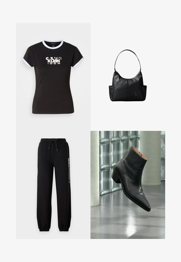 T-shirt noire avec des détails en blanc, affichant un graphique en bold de Calvin Klein 1968 au centre. Fabriqué en coton, à manches courtes.; Pantalons de survêtement noirs avec une taille élastique, un cordon de serrage ajustable et des poignets fuselés. Présente un logo blanc imprimé sur le côté gauche.; Bottine en cuir noir avec un bout pointu et un talon carré lévitant au-dessus d'un sol gris réfléchissant près d'un mur en blocs de verre.; Sac à bandoulière en cuir noir avec une seule bandoulière, des poches latérales et un logo Calvin Klein discrètement embossé en bas à droite sur le devant.