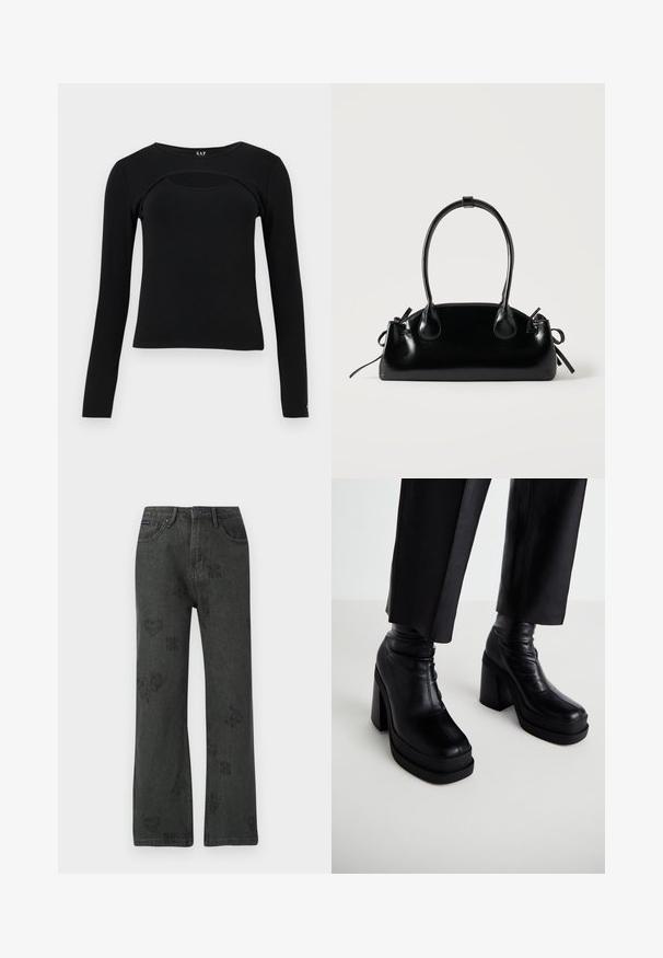 Schwarzes langärmeliges eng anliegendes Oberteil mit rundem Ausschnitt und einer geschwungenen Ausschnitt-Detailierung über der oberen Brust, GAP-Label innen am Kragen.; Schwarze Boyfriend-Jeans mit verblassten Blumen-, Herz- und Schmetterlingsmustern, Bund mit Knopfverschluss und Fünf-Taschen-Design.; Schwarze Leder-Plattform-Stiefeletten mit hohem Blockabsatz und glatter Textur. Merkmale sind eine Nahtverarbeitung und ein enganliegendes Oberdesign.; Kleine schwarze glänzende Handtasche mit zwei langen Griffen und seitlichen Kordelzug-Details vor einfachem hellem Hintergrund.