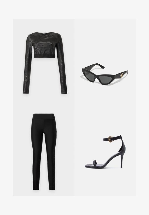Top negro de manga larga y corte cropped con acabado brillante de aspecto mojado, estampado de pequeñas gotas de agua, escote redondo y dobladillo elástico.; Leggings negras con una tela suave y elástica, cintura alta y un diseño ajustado. No presentan patrones ni acentos visibles.; Sandalia negra de tacón alto con una delgada correa en el tobillo que presenta una hebilla dorada ornamentada y una única correa en los dedos, acabado de cuero texturizado.; Gafas de sol estilo cat-eye con un marco de plástico negro mate, lentes oscuros y un acento dorado del logo en la patilla. Diseño angular y textura suave.