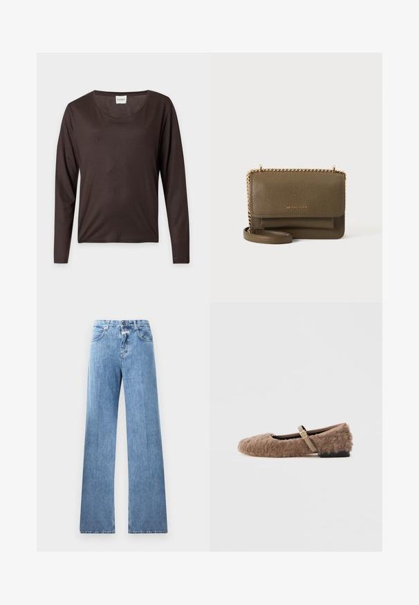 Mørkebrun langærmet skjorte med rund halsudskæring, lige kant og et lille hvidt mærke med teksten "CLOSED" indeni kraven.; Lyseblå denim jeans med vid ben-design, fem lommer, bæltestropper og knaplukning. Stofmaterialet har en glat tekstur.; Brun, fuzzy flad sko med en Mary Jane rem og detalje med guldspænde. Blød tekstur, firkantet tå og lav blokhælfod. Glat indvendig foring.; Olivengrøn Michael Kors læder crossbody-taske med klaplås, guldkædestrop og forlomme, vist mod en plain hvid baggrund.