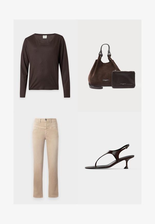 Chemise à manches longues marron foncé avec encolure ronde, ourlet droit et une petite étiquette blanche indiquant "CLOSED" à l’intérieur du col.; Jeans beiges à jambe droite en tissu doux, avec une fermeture à bouton devant, deux poches avant et des détails de couture discrets.; Sandale slingback en cuir verni marron foncé avec petit talon et bride entre les orteils sur fond blanc.; Sac à main en daim marron avec poignées en cuir foncé et petite pochette zippée en cuir foncé assortie, tous deux étiquetés Gianni Chiarini Firenze.