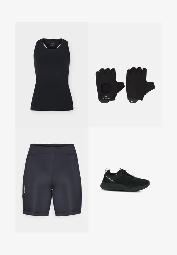 Zwarte mouwloze sporttanktop met ronde halslijn en racerback-ontwerp, getoond op een effen lichte achtergrond.; Zwarte sport shorts van een gladde, elastische stof. Heeft een hoge tailleband en logo-details aan de zijkant. Eenvoudig, gestroomlijnd ontwerp.; Zwarte sportschoen met een textuur bovenwerk, meshpanelen en een gewatteerde zool. Voorzien van veters en een trekkraag aan de hiel voor gemakkelijk aan- en uittrekken.; Zwarte vingerloze handschoenen met een gestructureerd ontwerp. Gemaakt van een ademend materiaal, met een duimopening en versterkte palm voor grip.
