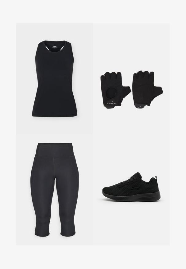 Schwarzes ärmelloses Sporttanktop mit rundem Ausschnitt und Racerback-Design, auf schlichtem, hellem Hintergrund dargestellt.; Schwarze Capri-Leggings aus dehnbarem Stoff. Hohe Taille mit seitlichen Nähten und versäubertem Saum, glatte Textur, keine sichtbaren Muster.; Schwarze Sportsneaker mit einem Obermaterial aus Mesh, gepolstertem Kragen, Schnürdesign und einer strukturierten Gummisohle. Schlichte und schlanke Silhouette.; Schwarze fingerlose Handschuhe mit einem strukturierten Design. Hergestellt aus einem atmungsaktiven Material, mit einem Daumenloch und verstärktem Handballen für besseren Grip.