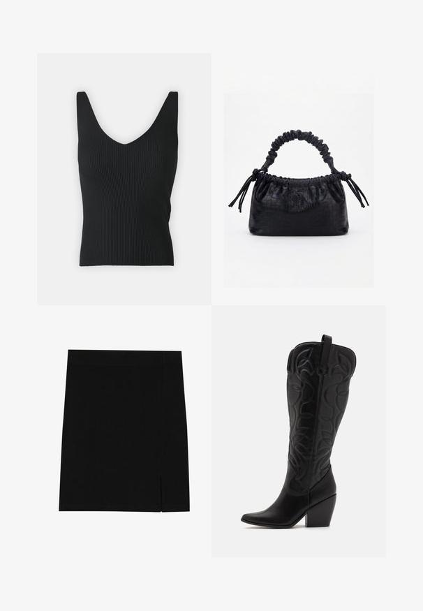 Débardeur noir côtelé avec un décolleté en V profond et des bretelles larges. Texture lisse, silhouette ajustée et sans embellissements visibles.; Mini-jupe noire en tissu doux avec une coupe ajustée, présentant une légère fente sur le côté pour plus de style.; Bottes hautes en cuir noir jusqu'aux genoux avec bout pointu et talon empilé. Caractéristiques de coutures décoratives et éléments de design courbés.; Sac à main noir avec texture crocodile, bord supérieur froncé, poignée plissée et pompons à cordon de chaque côté sur fond blanc.