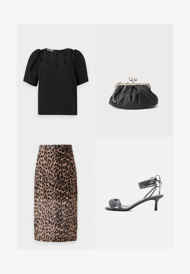 Sort kortærmet top med rund halsudskæring, prydet med dekorative sorte perler arrangeret lodret foran. Textureret, letvægtsstof.; Leopardmønstret blyantskirt i beige og sort. Glat stof, tætsiddende design med knælang skæring og en skjult talje. Ingen synlige lukninger.; Grå læder sandal med hæl, knyttet rem ved tæerne og snørebånd, der vikles om anklen, på slank mellemhøj hæl mod hvid baggrund.; Sort læder clutch med samlet tekstur, sølvfarvet metalramme, kys-lås lukning og kædestrop. Glat, blød overflade.