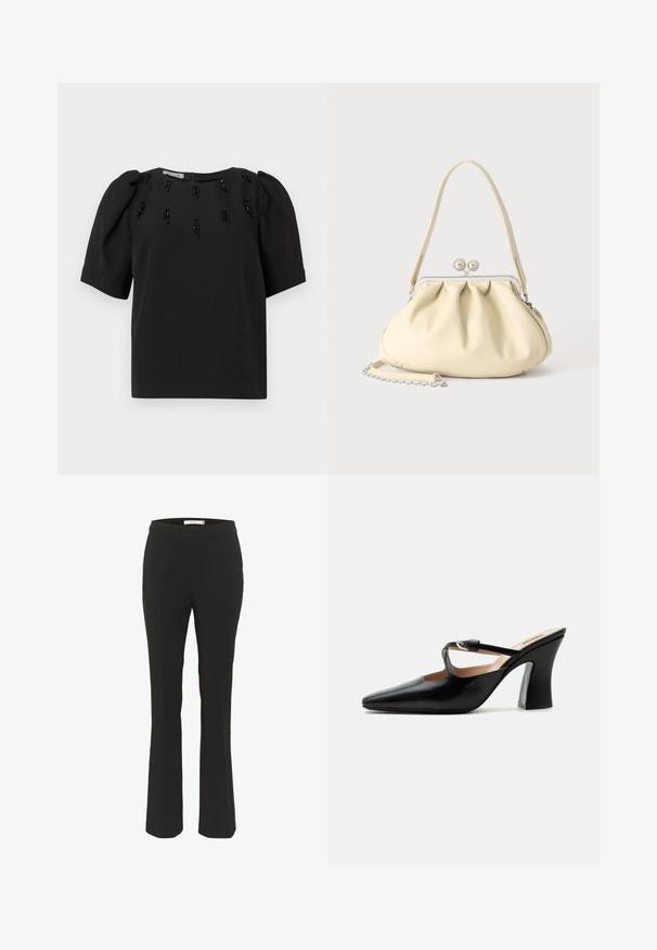 Sort kortærmet top med rund halsudskæring, prydet med dekorative sorte perler arrangeret lodret foran. Textureret, letvægtsstof.; Sorte skræddersyede bukser med slim fit, flagrende bund, glat front og ingen synlige lommer. Fremstillet af glat stof med minimale sømme.; Sort læder mule med spids tå, mellemhøj udvidet hæl og tynd rem med sølvspænde over vristen.; Cremefarvet blødt læder håndtaske med indsamlet design, sølvramme-lukkemekanisme, kort hank og aftagelig kæderem.