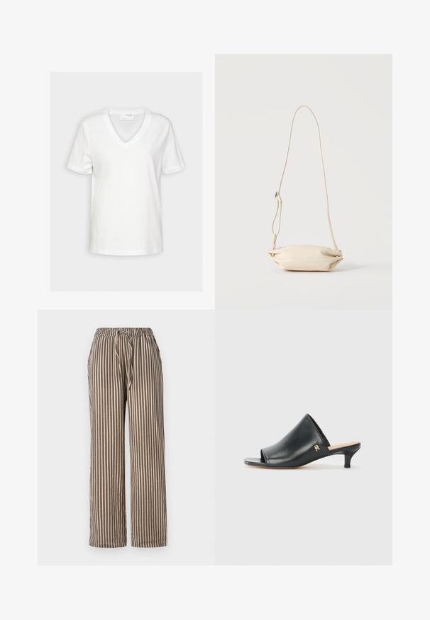 T-shirt blanc à manches courtes avec col en V et un design simple, présenté sur un fond uni.; Pantalon large à rayures beige avec des rayures verticales marines. Il dispose d'une taille élastique avec un cordon de serrage et de poches latérales. Texture de tissu douce.; Mules ouverts en cuir noir avec un talon bas. Présentent une surface lisse et un accent logo doré sur le côté.; Petit sac bandoulière en cuir beige avec sangle ajustable, présenté sur un fond clair uni.