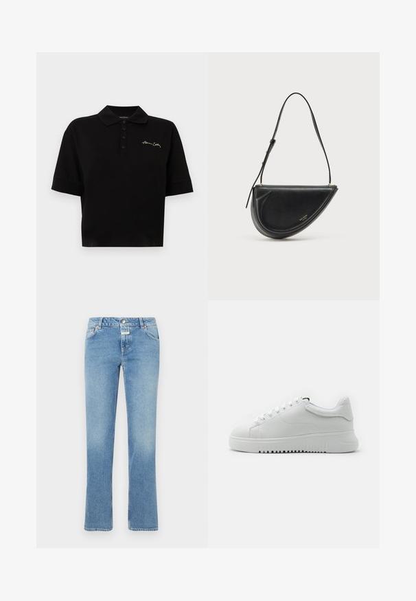 Zwart poloshirt met korte mouwen, kraag, vierknopsbies en een klein 'Armani Exchange'-logo in cursief op de linkerborst.; Blauwe spijkerbroek met een recht model, middelhoge taille, vijf zakken en subtiele vervaging door de stof.; Witte sneakers met een bovenwerk van gemarmerd leer, ronde neus en vetersluiting. Dikke witte rubberen zool met een gemarmerd grippatroon.; Zwarte leren handtas met een halve maanvorm, voorzien van een gladde textuur, een afneembare band en subtiele gouden branding aan de voorkant.