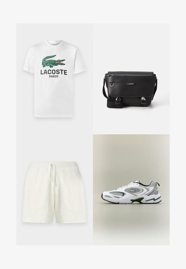 Lacoste Μπλουζάκι με στάμπα - white; Λευκά σορτς από υφασμάτινη υφή με γεωμετρικό σχέδιο. Ελαστική μέση με κορδόνι για ρυθμιζόμενη εφαρμογή.; Λευκά και γκρίζα αθλητικά παπούτσια τρεξίματος με πλέγμα, πράσινες λεπτομέρειες, μαύρες λεπτομέρειες και λογότυπο στη πλευρά, απεικονίζονται από την εξωτερική πλευρά.; Μαύρη υφασμάτινη τσάντα ώμου Lacoste με ρυθμιζόμενο λουρί, εμπρόσθιο καπάκι, τσέπη με φερμουάρ και μεταλλικές κλειστές θηλιές.