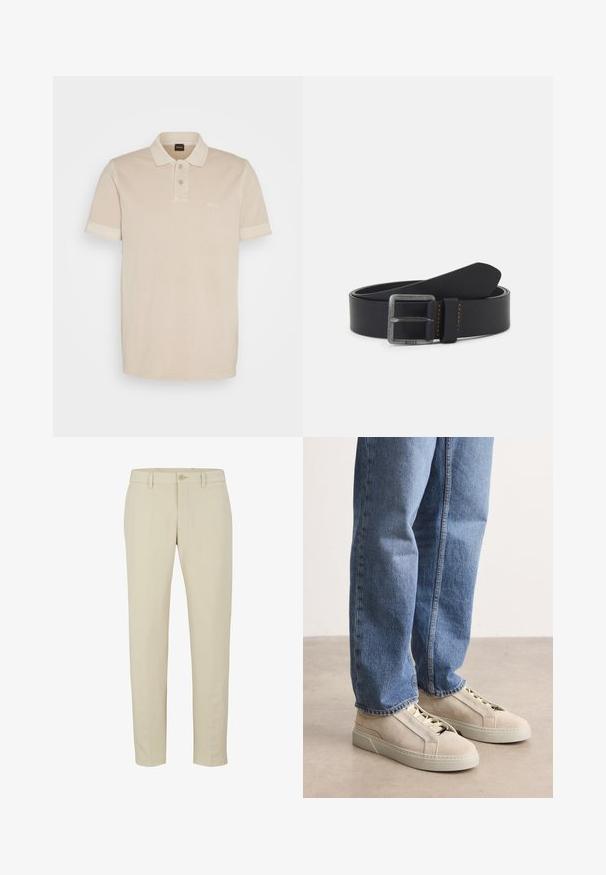 Beige Poloshirt aus weicher Baumwolle. Es verfügt über einen klassischen Kragen, zwei Knöpfe und ein kleines gesticktes Logo auf der Brust.; Beige maßgeschneiderte Hose mit Reißverschluss, einzelner Knopfverschluss und Gürtelschlaufen. Glattes Material mit geradem Bein und ohne sichtbare Muster.; BOSS GARYTENN_SDHDEL - Sneaker low - natural ten; Schwarzer Ledergürtel mit einer silbernen Schnalle und Markenbeschriftung, orangefarbener Naht und glatter Textur. Klassisches Design mit elegantem Finish.
