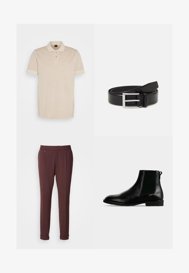Polo beige en coton doux. Il présente un col classique, deux boutons et un petit logo brodé sur la poitrine.; Pantalons ajustés bordeaux avec une texture lisse, dotés de passants de ceinture, de plis avant et d'ourlets roulés pour un look ajusté.; Bottine en cuir noir avec panneau latéral élastique, talon bas, languette à l'arrière et petit logo doré "HUGO" sur le côté extérieur.; Ceinture en cuir noir avec une finition brillante ; elle présente une boucle en métal argenté avec un design à cadre rectangulaire et des bords lisses.