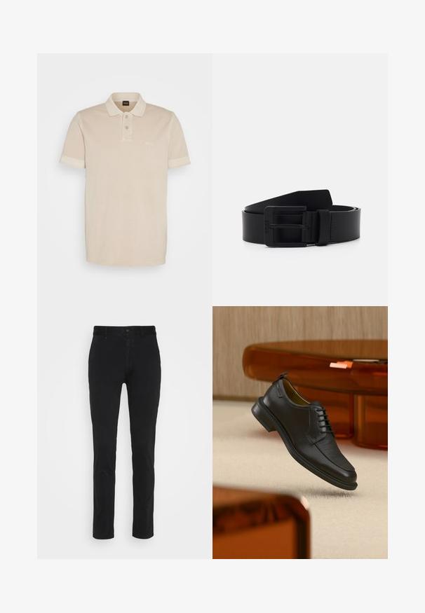 Beige polo tričko vyrobené z jemnej bavlny. Má klasický golier, dva gombíky a malé vyšívané logo na hrudi.; Čierne bavlnené chinos nohavice s úzkym strihom, s klasickým pásom, prednými vreckami a jedným zadným vreckom. Hladká textúra a minimálne detaily.; Čierna kožená šnurovacia spoločenská obuv s textúrovanou prednou časťou, vznášajúca sa nad béžovým kobercom v modernej miestnosti s nábytkom v jantárových tónoch.; Čierny kožený opasok s matným povrchom, s obdĺžnikovou kovovou prackou a hladkou textúrou. Jednoduchý dizajn bez vzorov alebo akcentov.