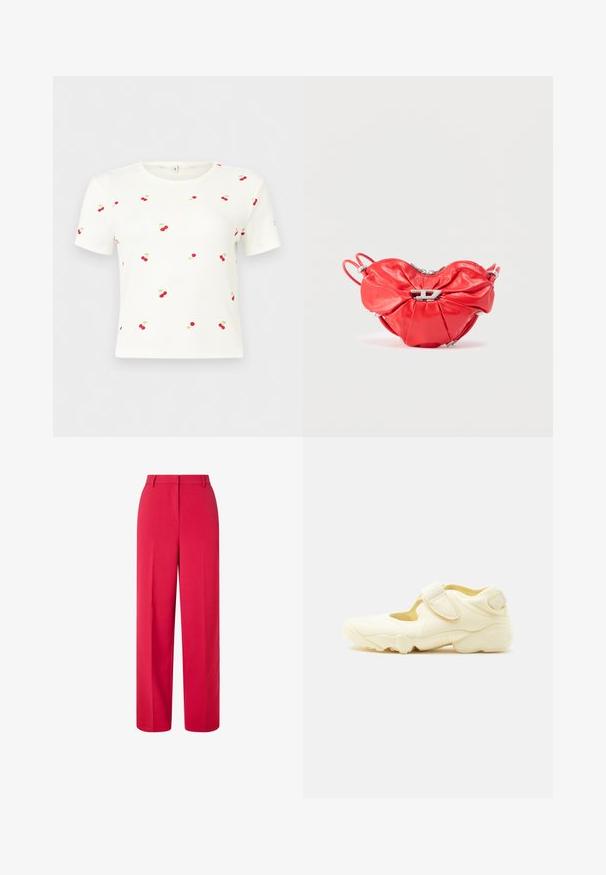 Chemise blanche à manches courtes et courte, avec de petits motifs de cerises rouges et des feuilles vertes dispersées sur le tissu.; Pantalons larges rouges taille haute avec passants de ceinture et fermeture frontale dissimulée sur fond blanc.; Chaussure de sport beige avec semelle épaisse, design ajouré et deux brides réglables à velcro sur fond blanc.; Sac à main en cuir rouge en forme de cœur, design froncé, fermeture éclair argentée et grand logo métallique en avant.