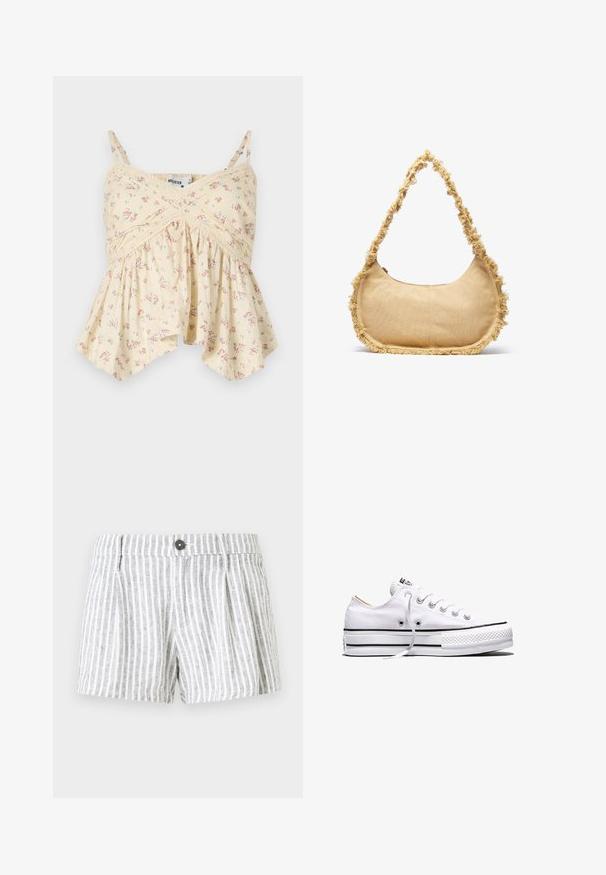 Camiseta sin mangas amarilla con estampado floral, con tirantes finos, escote fruncido y dobladillo acampanado. Presenta pequeñas flores rosas y azules y detalles de encaje.; Pantalones cortos a rayas en gris claro y blanco, con cierre de botón, pliegues en la parte frontal y una tela suave y texturizada.; Zapatilla baja de lona blanca con cordones blancos, rayas negras en la suela y puntera de goma texturizada, vista lateral sobre fondo blanco.; Bolso beige texturizado con forma redondeada, con un borde deshilachado a lo largo de los lados y una correa corta para llevar. Apertura con cremallera en la parte superior.