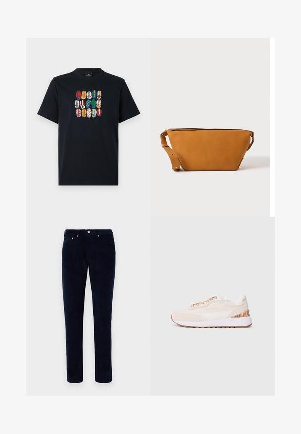 Zwarte katoenen t-shirt met een kleurrafische afbeelding van verschillende lippen in diverse patronen en kleuren op de voorkant. Ronde halslijn, korte mouwen.; Heren slim-fit donkerblauwe corduroy broek met voor- en achterzakken, riemlussen en een knoopsluiting.; Sneakers met een beige suède bovenkant, witte accenten, een brown rubberen zool en kleurrijke gestreepte details op de hiel; heeft brown veters.; Lichtbruine leren crossbodytas met verstelbare band en ritssluiting, getoond tegen een effen lichte achtergrond.