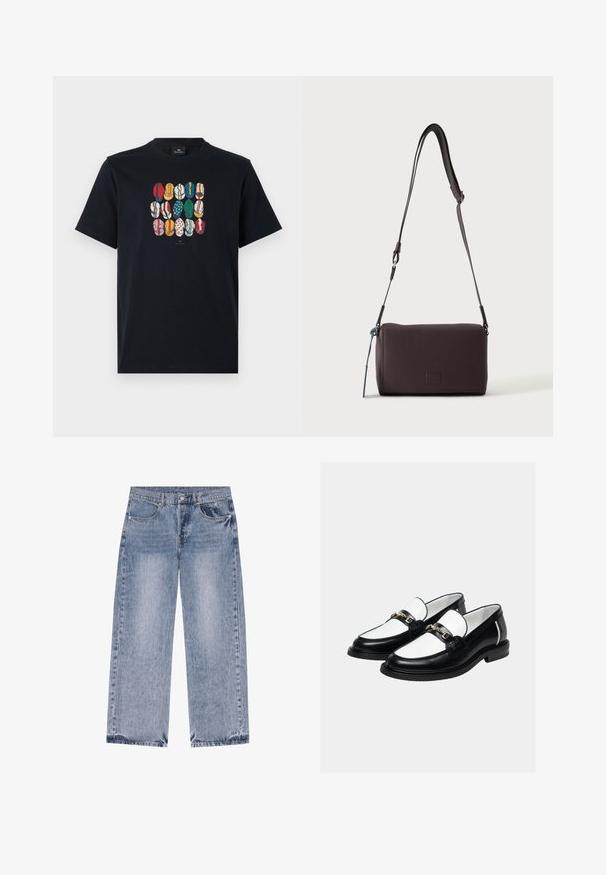 Schwarzes Baumwoll-T-Shirt mit einem bunten Grafikdruck verschiedener Lippen in unterschiedlichen Mustern und Farben auf der Vorderseite. Runder Halsausschnitt, kurze Ärmel.; Hellblaue Denim-Jeans mit geradem Bein, Vordertaschen, Gürtelschlaufen und einem Knopfverschluss an der Taille.; Paar schwarz-weiße Lederloafer mit goldener Kettenverzierung oben, vor schlichtem hellem Hintergrund.; Dunkelbraune, strukturierte Leder-Crossbody-Tasche mit verstellbarem Riemen und kleinem dekorativen blauen Akzent an der Seite.