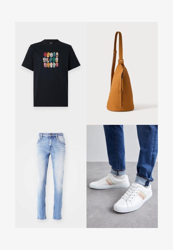 Sort bomulds T-shirt med et farverigt grafisk motiv af forskellige læber i forskellige mønstre og farver på foran. Rund halsudskæring, korte ærmer.; Lyseblå denim jeans med en falmet finish, lige ben-snit, fem lommer, bæltestropper og enkelt knaplukning i taljen.; Hvide lædersneakers med multicolore striber, snørebåndsdesign, gummisål og polstret krave, parret med blå denimjeans.; Tan læder crossbodytaske med justerbar rem og lodret lynlåslomme, vist fra siden mod en ensfarvet lys baggrund.