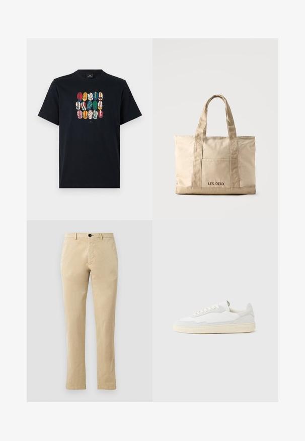 Camiseta de algodón negra con un gráfico colorido de varios labios en diferentes patrones y colores en la parte frontal. Cuello redondo, mangas cortas.; Chinos de algodón beige con un diseño de pierna recta, con cierre frontal de botón y sutiles detalles de costura. Textura suave y sin patrones.; Zapatilla blanca con parte superior texturizada de ante y cuero. Presenta una puntera redondeada, cierre con cordones y suela de goma beige contrastante.; Bolsa tote de lona beige con dos asas y bolsillo delantero, "LES DEUX" bordado en el bolsillo.