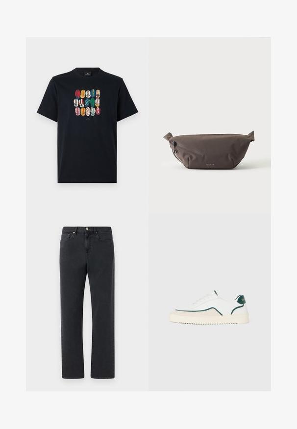 T-shirt en coton noir avec un graphique coloré représentant différentes lèvres dans divers motifs et couleurs sur le devant. Encolure ronde, manches courtes.; Jeans en denim noir avec une coupe droite, cinq poches et des accents en métal. Le tissu présente une finition lisse et légèrement texturée.; Baskets basses blanches avec des bords verts, des détails en suède beige et une semelle de couleur crème avec un fond rainuré.; Sac banane en tissu marron foncé avec poche zippée en diagonale et petit logo blanc sur le devant, sur un fond clair uni.