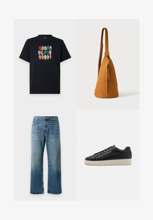 T-shirt en coton noir avec un graphique coloré représentant différentes lèvres dans divers motifs et couleurs sur le devant. Encolure ronde, manches courtes.; Jeans oversize bleu clair avec un délavage, featuring une fermeture à un bouton, cinq poches et des coutures contrastées.; Sneaker en cuir noir avec une finition lisse, semelle crème contrastante, bout arrondi, logo doré sur le côté et six œillets pour les lacets.; Sac besace en cuir couleur fauve avec sangle réglable et poche verticale zippée, présenté de profil sur un fond clair uni.