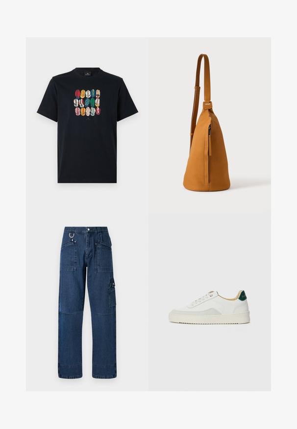 Zwarte katoenen t-shirt met een kleurrafische afbeelding van verschillende lippen in diverse patronen en kleuren op de voorkant. Ronde halslijn, korte mouwen.; Donkerblauwe denim cargo broek met een rechte snit, voorzien van meerdere zakken, metalen hardware en contrasterende stiksels.; Witte sneaker met suède accenten, ronde neus, platte veters en een crème rubberen zool. Bevat groene branding op de hiel.; Lichtbruine leren schoudertas met verstelbare band en verticale ritszak, zijaanzicht tegen een effen lichte achtergrond.