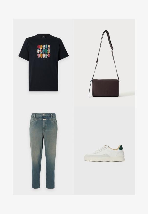 Zwarte katoenen t-shirt met een kleurrafische afbeelding van verschillende lippen in diverse patronen en kleuren op de voorkant. Ronde halslijn, korte mouwen.; Denim jeans in vervaagde blauwe kleur, rechte pasvorm met een hoge taille. Bevat riemlussen, vijf zakken en een metalen knoopsluiting. Licht versleten textuur.; Witte sneaker met suède accenten, ronde neus, platte veters en een crème rubberen zool. Bevat groene branding op de hiel.; Donkerbruine gestructureerde leren crossbodytas met verstelbare riem en klein decoratief blauw accent aan de zijkant.