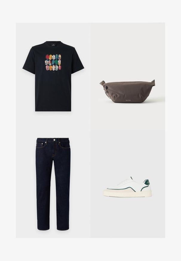 Camiseta de algodón negra con un gráfico colorido de varios labios en diferentes patrones y colores en la parte frontal. Cuello redondo, mangas cortas.; Vaqueros de mezclilla azul oscuro con diseño de pierna recta, con costuras naranjas, cinco bolsillos y un cierre frontal con botón.; Zapatilla baja blanca con detalles en verde, gamuza beige y suela de color crema con un fondo estriado.; Riñonera de tela marrón oscuro con bolsillo diagonal con cremallera y pequeño logo blanco en el frontal, sobre un fondo liso y claro.