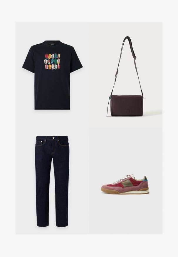 Schwarzes Baumwoll-T-Shirt mit einem bunten Grafikdruck verschiedener Lippen in unterschiedlichen Mustern und Farben auf der Vorderseite. Runder Halsausschnitt, kurze Ärmel.; Dunkelblaue Jeans aus Denim mit geradem Bein, orangefarbenen Nähten, fünf Taschen und einem vorderen Knopfverschluss.; Sneaker mit einem Obermaterial aus burgunderrotem Wildleder und Stoff, beigen Akzenten und einer Laufsohle aus Kaugummirubber; ausgestattet mit metallischen Ösen und Schnürsenkeln.; Dunkelbraune, strukturierte Leder-Crossbody-Tasche mit verstellbarem Riemen und kleinem dekorativen blauen Akzent an der Seite.