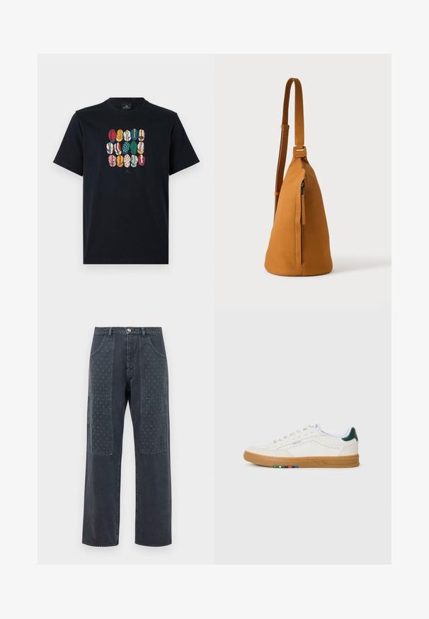 Schwarzes Baumwoll-T-Shirt mit einem bunten Grafikdruck verschiedener Lippen in unterschiedlichen Mustern und Farben auf der Vorderseite. Runder Halsausschnitt, kurze Ärmel.; Dunkelgraue Jeans mit weitem Bein, die auf der Vorderseite dekorative Patches mit dezentem floralem Muster und klassischen Taschenverzierungen aufweisen.; Weiße Leder-Sneaker mit Perforationsdesign, Gummisohle, grünem Fersenakzent und buntem Streifenmuster an der Seite.; Hellbraune Leder-Umhängetasche mit verstellbarem Trageriemen und vertikaler Reißverschlusstasche, von der Seite vor hellem, einfarbigem Hintergrund gezeigt.
