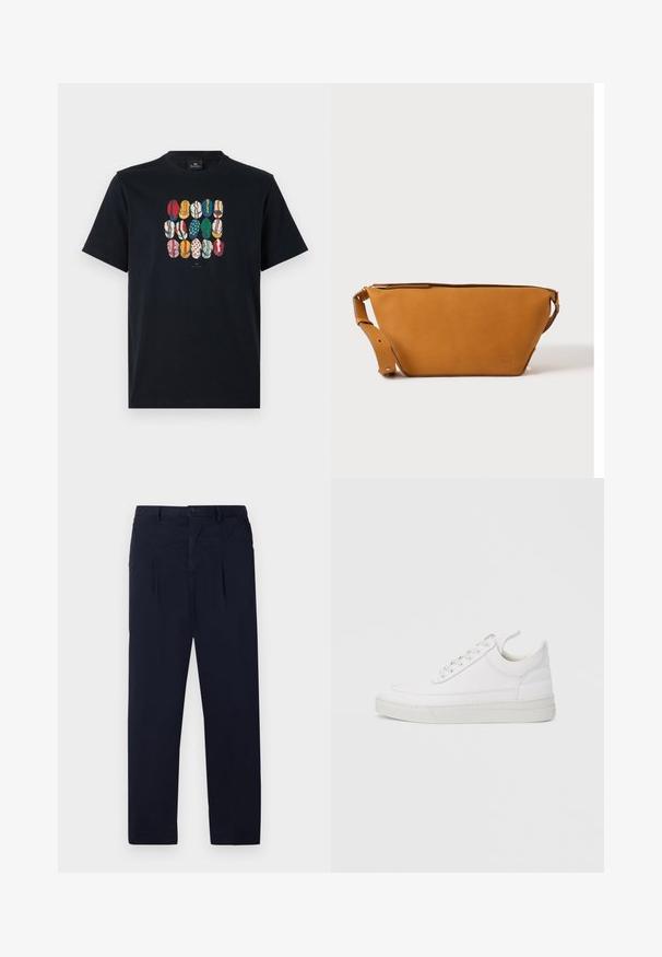 Sort bomulds T-shirt med et farverigt grafisk motiv af forskellige læber i forskellige mønstre og farver på foran. Rund halsudskæring, korte ærmer.; Marineblå bukser lavet af letvægtsstof med flad front, to folder og en standard knaplukning i taljen.; Hvid lædersneaker med rundet tå, flad sål og snørebånd foran. Har syningsdetaljer og polstret krave for komfort.; Lys brun læder crossbody taske med justerbar rem og lynlås, vist mod en ensartet lys baggrund.